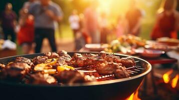 Family group partying outdoors Focus on grilling food in public gardens. space for text photo