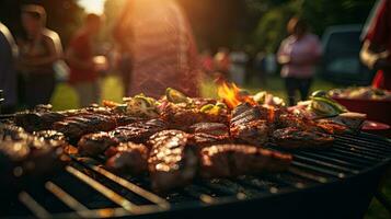 Family group partying outdoors Focus on grilling food in public gardens. space for text photo