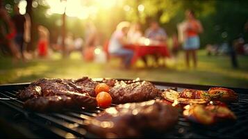 Family group partying outdoors Focus on grilling food in public gardens. space for text photo