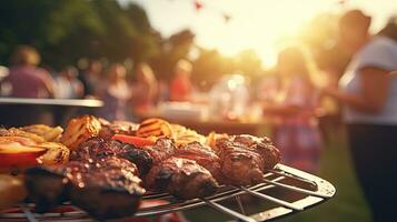 Family group partying outdoors Focus on grilling food in public gardens. space for text photo