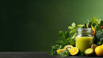 Glass bottle with green smoothie, kale leaves, lemon, apple, kiwi, grapes, banana, avocado, lettuce With space for text photo