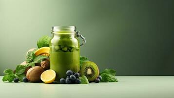 Glass bottle with green smoothie, kale leaves, lemon, apple, kiwi, grapes, banana, avocado, lettuce With space for text photo