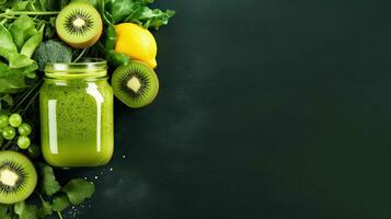 Glass bottle with green smoothie, kale leaves, lemon, apple, kiwi, grapes, banana, avocado, lettuce With space for text photo