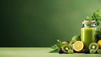 Glass bottle with green smoothie, kale leaves, lemon, apple, kiwi, grapes, banana, avocado, lettuce With space for text photo