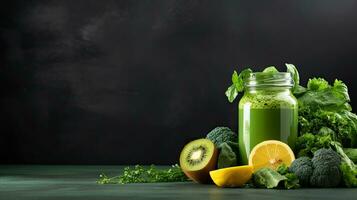 Glass bottle with green smoothie, kale leaves, lemon, apple, kiwi, grapes, banana, avocado, lettuce With space for text photo