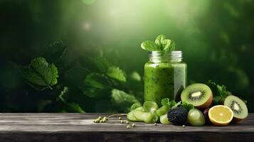 Glass bottle with green smoothie, kale leaves, lemon, apple, kiwi, grapes, banana, avocado, lettuce With space for text photo