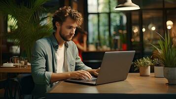 Freelance handsome man working with laptop in coffee shop photo