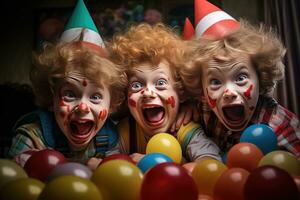 Children's happy birthday party Child with a drawing of a clown's face photo