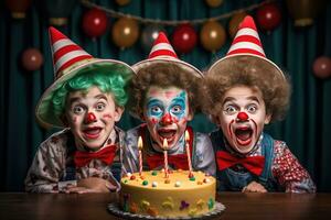 Children's happy birthday party Child with a drawing of a clown's face photo