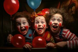 Children's happy birthday party Child with a drawing of a clown's face photo