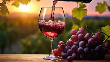 Pouring red wine into a glass. In the vineyard, French red wine photo