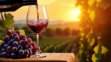Pouring red wine into a glass. In the vineyard, French red wine photo