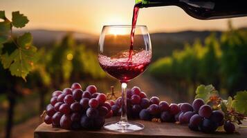 Pouring red wine into a glass. In the vineyard, French red wine photo