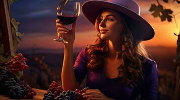 Beautiful girl sips red wine in a vineyard at sunset , French red wine photo