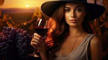 Beautiful girl sips red wine in a vineyard at sunset , French red wine photo