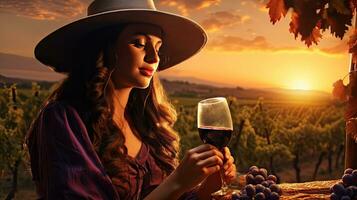 Beautiful girl sips red wine in a vineyard at sunset , French red wine photo