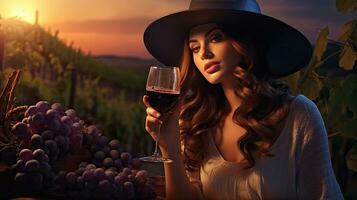 hermosa niña sorbos rojo vino en un viñedo a puesta de sol , francés rojo vino foto