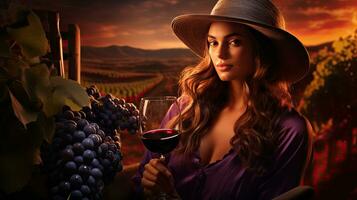 Beautiful girl sips red wine in a vineyard at sunset , French red wine photo
