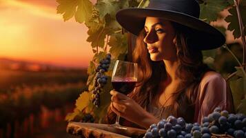 Beautiful girl sips red wine in a vineyard at sunset , French red wine photo