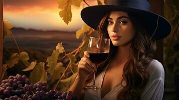 Beautiful girl sips red wine in a vineyard at sunset , French red wine photo