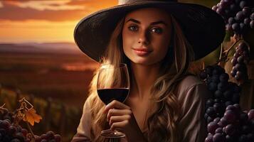 Beautiful girl sips red wine in a vineyard at sunset , French red wine photo