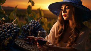 hermosa niña sorbos rojo vino en un viñedo a puesta de sol , francés rojo vino foto