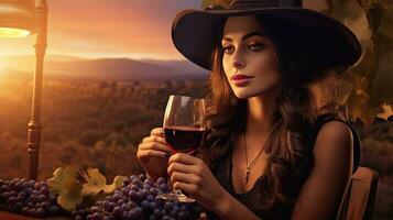 Beautiful girl sips red wine in a vineyard at sunset , French red wine photo