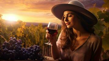 hermosa niña sorbos rojo vino en un viñedo a puesta de sol , francés rojo vino foto