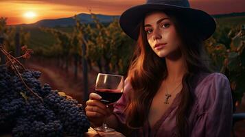 Beautiful girl sips red wine in a vineyard at sunset , French red wine photo