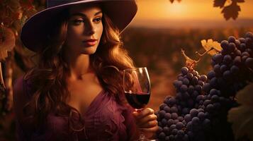 Beautiful girl sips red wine in a vineyard at sunset , French red wine photo