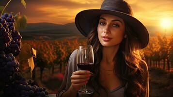 Beautiful girl sips red wine in a vineyard at sunset , French red wine photo