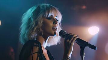 Beautiful African-American female singer with microphone on stage, lights and sound. photo