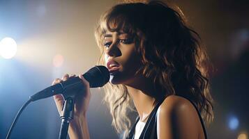 Beautiful African-American female singer with microphone on stage, lights and sound. photo