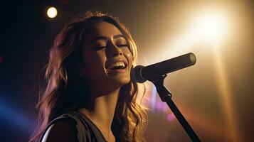 hermosa afroamericano hembra cantante con micrófono en escenario, luces y sonido. foto