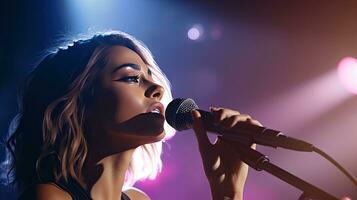 Beautiful African-American female singer with microphone on stage, lights and sound. photo