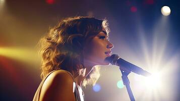 hermosa afroamericano hembra cantante con micrófono en escenario, luces y sonido. foto