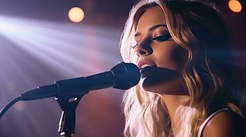 Beautiful African-American female singer with microphone on stage, lights and sound. photo