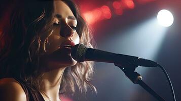 Beautiful African-American female singer with microphone on stage, lights and sound. photo