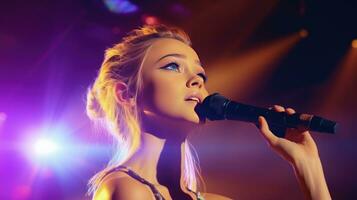 Beautiful African-American female singer with microphone on stage, lights and sound. photo