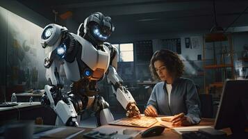 Female engineer examines robot's AI mechanism, searching for a solution. Using a laptop at an industrial technology factory photo