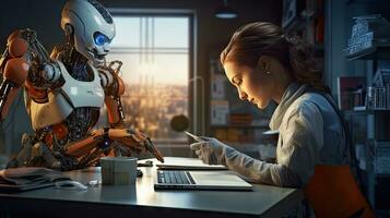 Female engineer examines robot's AI mechanism, searching for a solution. Using a laptop at an industrial technology factory photo