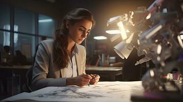 Female engineer examines robot's AI mechanism, searching for a solution. Using a laptop at an industrial technology factory photo