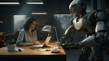 Female engineer examines robot's AI mechanism, searching for a solution. Using a laptop at an industrial technology factory photo