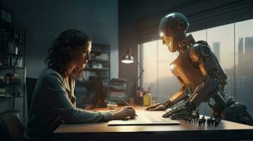 Female engineer examines robot's AI mechanism, searching for a solution. Using a laptop at an industrial technology factory photo