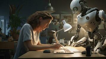 Female engineer examines robot's AI mechanism, searching for a solution. Using a laptop at an industrial technology factory photo