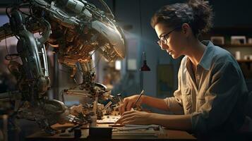 Female engineer examines robot's AI mechanism, searching for a solution. Using a laptop at an industrial technology factory photo