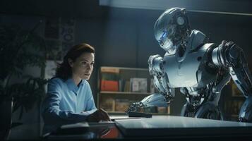 Female engineer examines robot's AI mechanism, searching for a solution. Using a laptop at an industrial technology factory photo