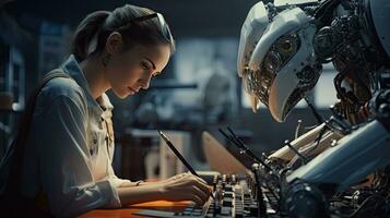 Female engineer examines robot's AI mechanism, searching for a solution. Using a laptop at an industrial technology factory photo