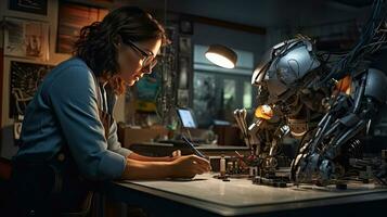 Female engineer examines robot's AI mechanism, searching for a solution. Using a laptop at an industrial technology factory photo