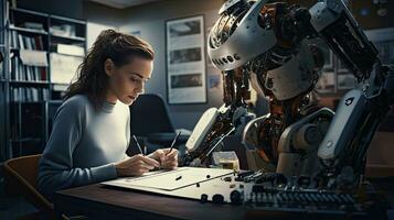 Female engineer examines robot's AI mechanism, searching for a solution. Using a laptop at an industrial technology factory photo